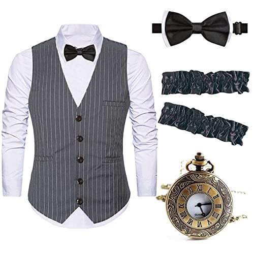 Eforled Mens 1920S Gatsby Costume Clothing Set - Gangster Stripe Vest, Roaring 20S Accessories Pocket Watch And Armbands,Tgy,Xxl #TOP6