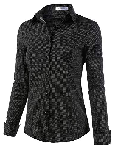 Doublju Womens Wrinkle-Free Long-Sleeve Slim Fit Button Down Shirt with Plus Size Dotblackwhite XL