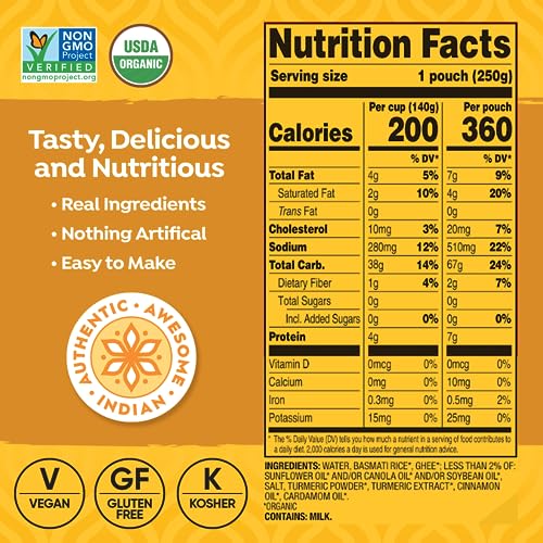 Tasty Bite Organic Turmeric Rice, 8.8 Ounce, Pack Of 6, Ready To Eat, Microwavable, Vegetarian, Gluten-Free #TOP4