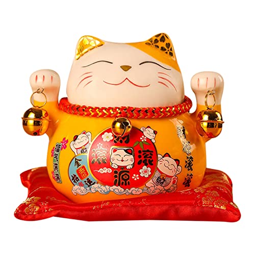 Maneki Neko Japonais, Statuette Chat, 4,5 Pouces Porte-Bonheur en Tirelire Chat avec Cloches, Céramique Apporter Chance Bon Souhait Cadeau De Décoration,...