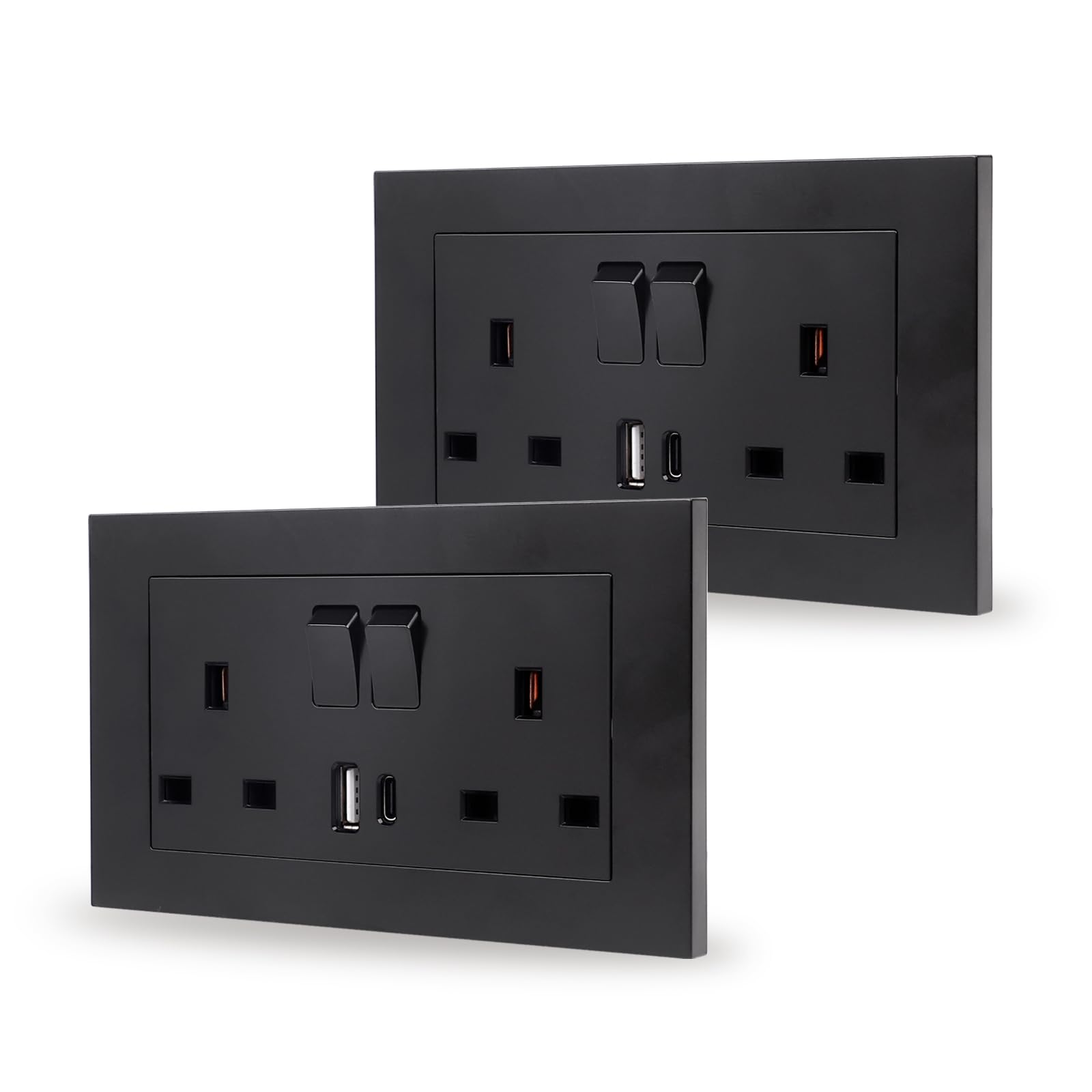 JIMEIDA 2 Pack Black Double Switched Socket with USB-A And Type-C Charging Ports 13 Amp PC Panel Wall Outlet Power Socket 146mm*86mm