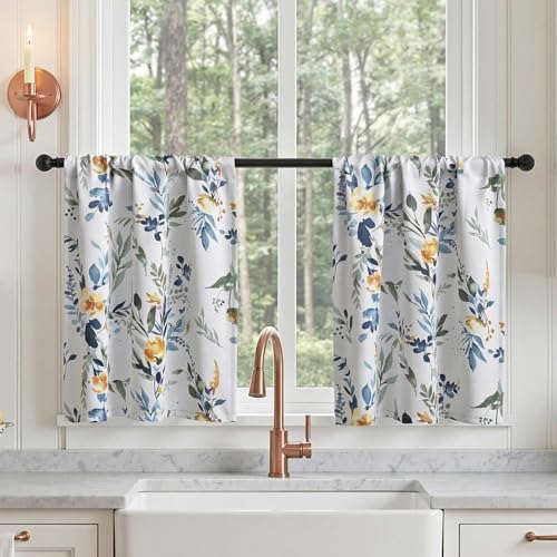 Image of MYSKY HOME Floral Kitchen Tier Cafe Curtains 36 Inch Length 2 Panels Privacy Small Window Treatments Rod Pocket for Bathroom Basement, Yellow and Blue, 30 inch Wide