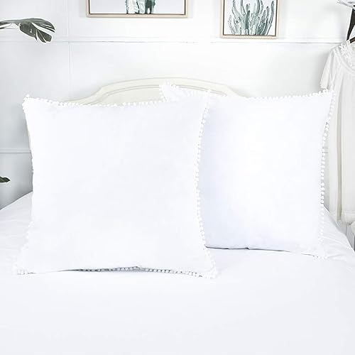 Miniatura 10 de Juego de 2 fundas de almohada con pompones, color blanco, tamaño Queen, estilo bohemio, con borlas, para niñas, 100% algodón, 20 x 30 pulgadas