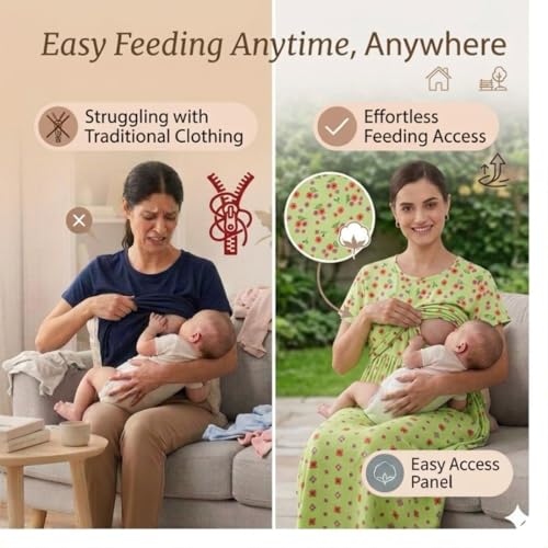Image of Zero Clothing Feeding Dress for New Moms Casual Loungewear Ankle Length | Cotton Maternity Nighty | Zipless Feeding Dresses for Women | Pregnancy & Nursing Wear