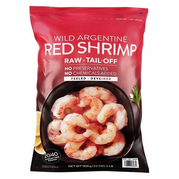 Wild Argentine Raw Shrimp, Raw, Tail-Off; No Preservatives; No Chemicals Added; Peeled and Deveined; 20/40 Shrimp per Pound. [ 32 oz, 2 lb ]