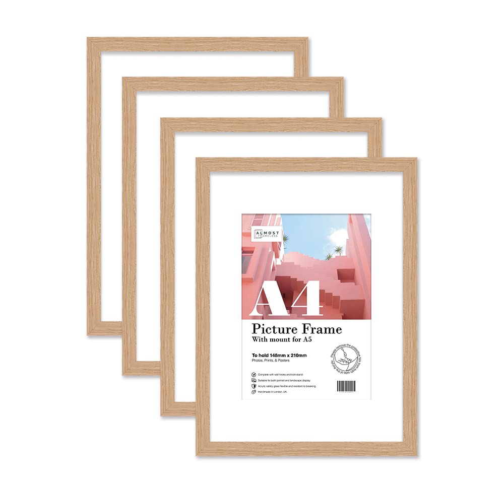 Almost Frameless A4 Oak Picture Frame Set of 4, Display A5 Pictures with Mount or A5 Without Mount Gallery Wall, Poster, Photo, Artwork, or Print, Oak