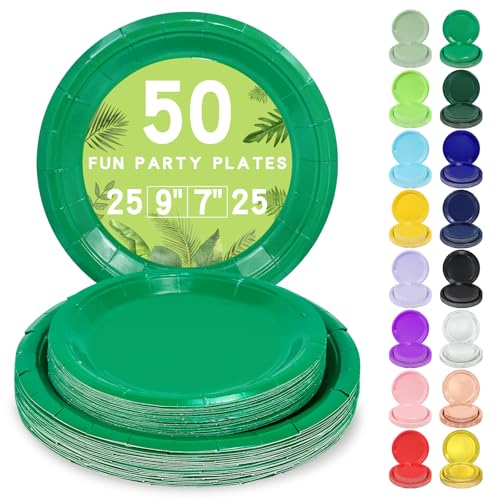 LANLISA 50 Pcs Green Paper Plates Disposable 25-9 & 25-7 Disposable Birthday Cake Dessert Plates For St Patricks Day Christmas Holiday Party Supplies