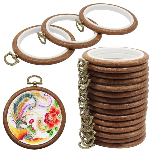 Image of Bonsicoky 15 Pack Round Embroidery Hoops, 3 Inch | Wood Look Decorative, PVC Imitated Wood, Vintage Frames, For Hand Embroidery & Cross Stitch Projects