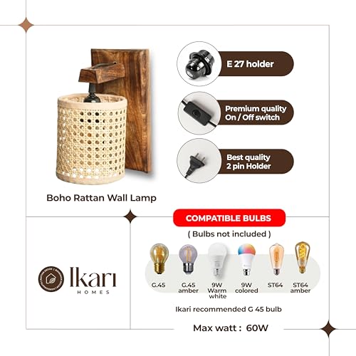Image of Ikari Homes Rustic Wooden Wall Lamp I Cylindrical Raffia Shade I Vintage Wall Lamp I Boho Rattan Wall lamp for Bedroom /Balcony /Living Room /Outdoor /Entrance - Size 10 x 5 in (Rattan Hex Mesh)