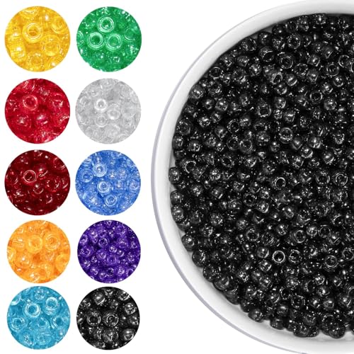 WIMIVI Black Glitter Pony Beads (1200pcs 6x9mm) Pony Beads Bulk for Bracelets Necklace Jewelry Making Arts & Crafts Beading Supplies for Jewelry Making Hair Beading