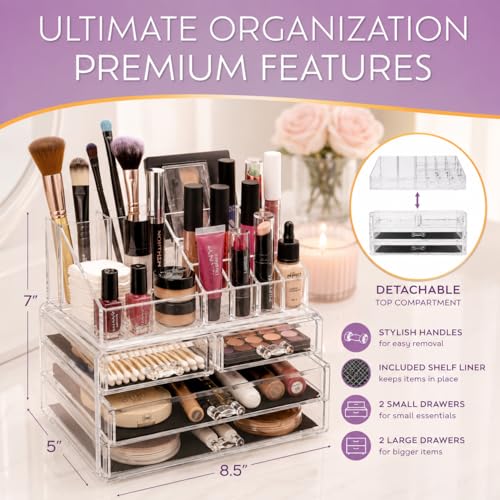 Image of Brookstone Makeup Organizer Countertop, Cosmetic Display Case, Acrylic Makeup Storage for Vanity, Clear Make-up Organizer for Vanity, Accessories Holder with Drawers