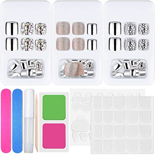 72 Pieces False Toenails Wedding Bridal Rhinestone Artificial Toenails Glitter Bling Sequin Fake Nails for Toe Nail Full Cover DIY Nail Art Salon
