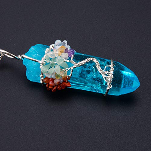 Bivei Tree of Life 7 Chakra Gemstone Copper Wire Wrap Irregular Clear Quartz Point Crystal Pendant Necklace(Silver Plated Chakra-Titanium Coated Blue)