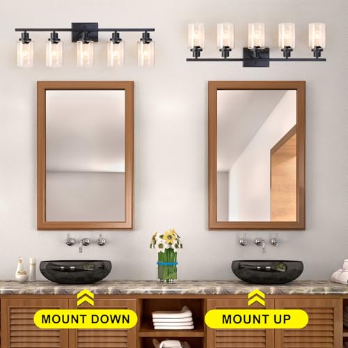 Image of Ascher 5-Light 37.8 inch Wall Sconces, Modern Vanity Light Fixture with Clear Glass Shade, Black Finish Wall Light for Mirror Bedroom Hallway, E26 Base (Bulbs Not Included)