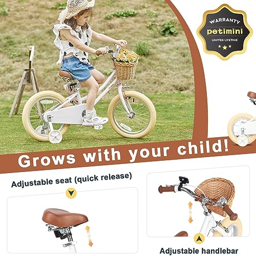 Image of Petimini Vintage Kids Bike for Girls, 12-20 Inch Classic Bicycle with Wicker Basket & Bell, High Tensile Steel Frame, Training Wheels (12-18 inch), 85% Pre-Assembled, Retro Bike for Outdoor Riding