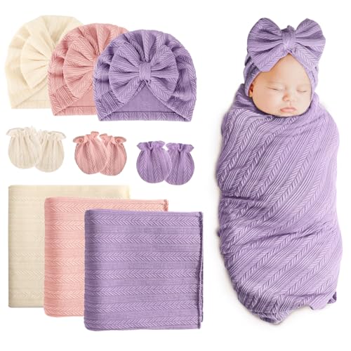 Image of DRESHOW BQUBO Newborn Receiving Blanket Hat Mittens Set for Baby, Unisex Baby Boys Girls Essentials, Newborn Registry Must Haves, Stroller Crib Shower Gifts
