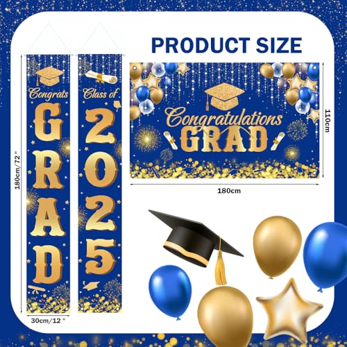 Image of AIBIIN Blue and Gold Graduation Decorations, Class of 2025 Graduation Backdrop Banner Proch Sign 2025 Congratulations Grad Party Supplies Decorations