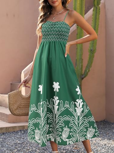 Image of Gardenwed Women's Floral Print Maxi Dress,Spaghetti Strap Smocked Bodice A-Line Sundress with Pockets