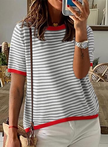 Image of Dokotoo Womens Tops 2026 Casual Summer Crewneck Short Sleeve Striped Color Block Knit High Low Trendy Pullover Sweaters