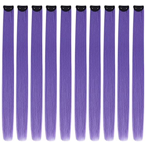 MEDO 10pcs Purple Clip in Hair Extensions Colorful 22 inch Straight Highlight Hair Pieces Colored Heat-Resistant Synthetic Hair Extensions For Girl Halloween Cosplay Party Use