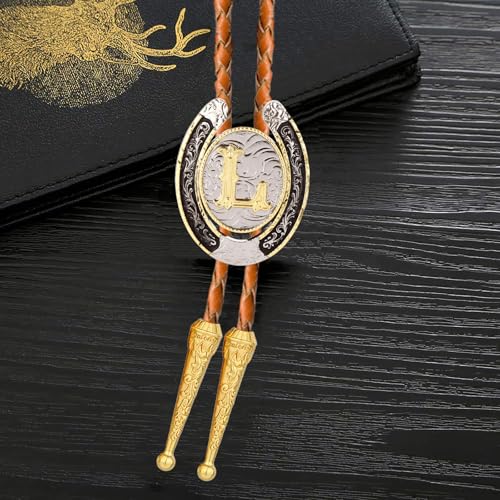 Image of Vintage Western Cowboy Rodeo Initial Letter A-Z Bolo Tie for Men | Premium brown braided leather, adjustable sliding clasp, anti-tarnish alloy pendant, versatile A-Z western bolo tie