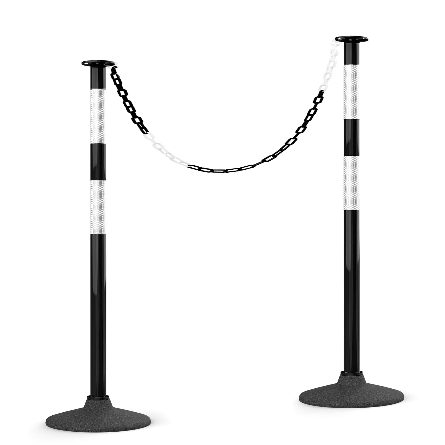 Photo 1 of HiGiant 2 Pack 34 Inches Traffic Delineator Posts with Weighted Rubber Base, Portable Black Safety Posts Cones with Reflective Collars and 5 Ft Plastic Chains for Parking Lot, Construction Work