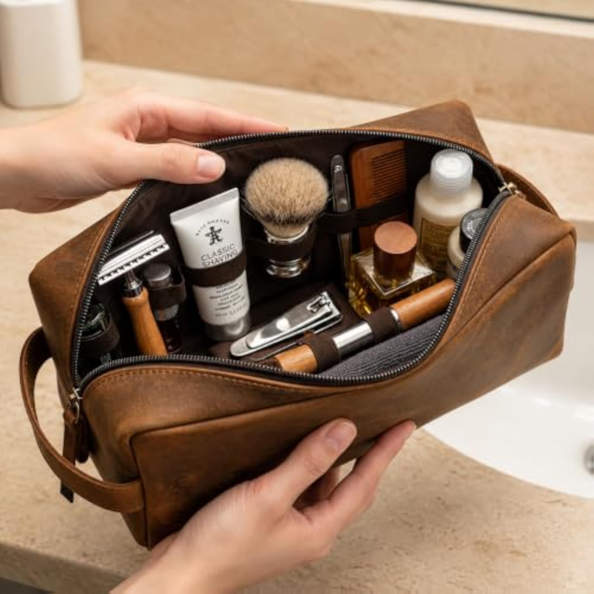 Premium Genuine Leather Toiletry Bag, Classy Dopp Kit