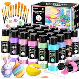 40 PCS Pastel Acrylic Paint Set with 12 Brushes, 2 Knives, Palette & Sponge, 24 Colors (2oz/60ml) Art Craft Paints for Adults Kids Artists Beginners, Canvas Ceramic Rock Eggs Paint Kit Art Supplies