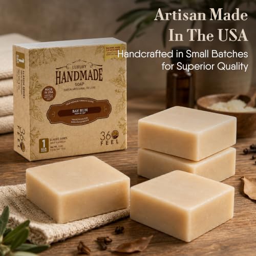 Image of 360Feel Bay Rum Bar Soap - Made in the USA - Castile Handmade, All-Natural, Cold-Processed - Bay Rum Essential Oil - Moisturizing with a Spicy Scent - Calm - Rich, Creamy Lather - (5oz) (Pack of 3)
