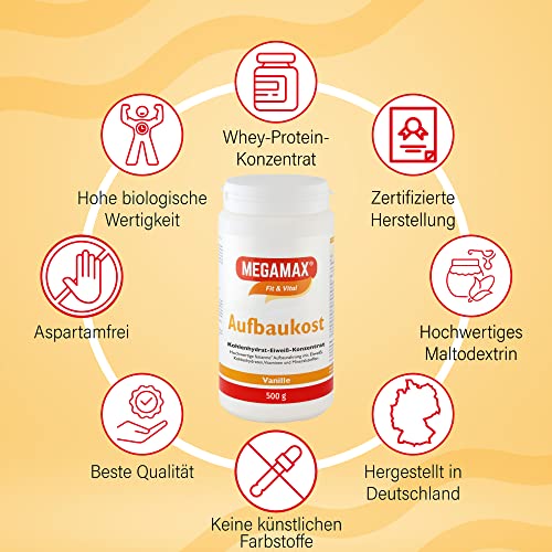 MEGAMAX Aufbaukost Vanille. Ideal zur Kräftigung und bei Untergewicht. Pulver zur Zubereitung eines fettarmen Kohlenhydrat-Eiweiß-Getränkes. Produktion in Deutschland. 500g