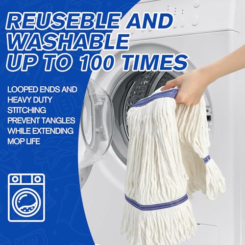 Image of Eccliy 3 Pack Commercial Mop Heads Replacement Heavy Duty 18 oz Loop End Cotton String Wet Mop Refills Washable Absorbent Reusable for Industrial Home Tile Wood Concrete Floor (White,Blue)
