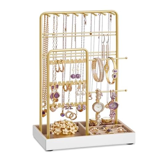 SONGMICS Jewelry Holder, Jewelry Organizer, Jewelry Display Stand with Metal Frame and Velvet Tray, Necklace Earring Bracelet Holder, for Studs, Rings, Gift Idea, Gold Color UJJS021A01
