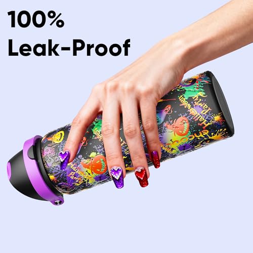 Image of Insulated Water Bottle with Straw - Encool Stainless Steel Water Bottle with Push Button Lid, Leak-Proof & BPA-Free, Keeps Cold for 24 Hours for Sports, Travel, Gym (32 oz, Ghost Party)