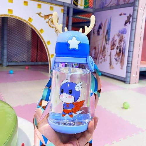 Garrafa Infantil de Água Alce Fofa Squeeze Infantil Com Canudo Com Alça Ideal Para Escola E Passeio