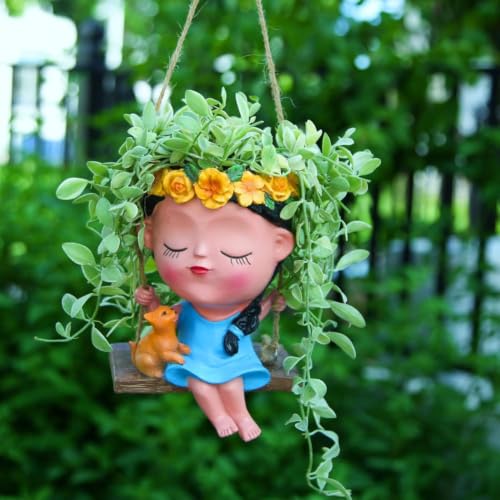 Image of Eleven to Eleven Smiling Face Hanging Planter Pot | Cute Girl Face, Resin Material, Decorative for Balcony, Garden, Living Room & Home, Gift for Plant Lovers