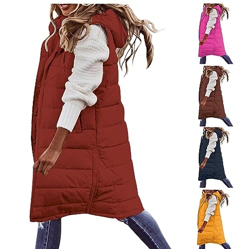 Long Puffer Vest for Women Padded Sleeveless Coat Quilted Hooded Vest Winter Warm Puffy Coats Outerwear with Pockets3