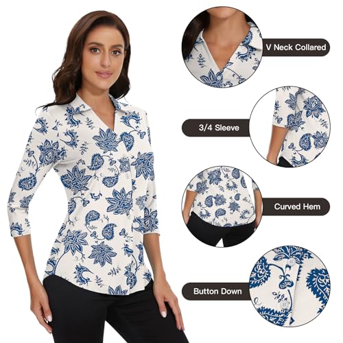 Image of Soneven Womens Golf Polo Shirts 3 /4 Long Sleeve V Neck Button Down Shirts Business Causal Work Blouses Tops