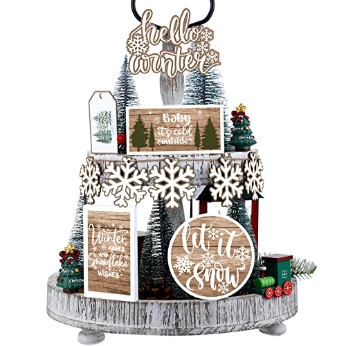 Bucherry 14 Pieces Winter Tiered Tray Decor Snowflake Tiered Tray Decorations Let It Snow Block Signs Hello Winter Wooden Banner Farmhouse Coffee Bar Sign for Home Party Tabletop(Rustic)