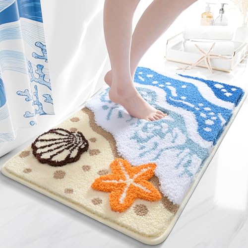 QJHOMO Coastal Bathroom Rugs Beach Ocean Wave Bath Mat Nautical Rug Cute Colorful Bath Rug 3D Starfish Shell Beachy Theme Bathroom Decor Soft Microfiber Carpet Non Slip Washable Bathmat(18x26 inch)