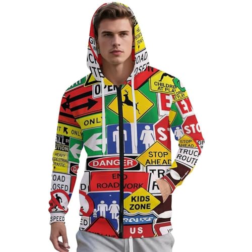Road Traffic Sign Men's Hoodie Full-zip Hooded Sweatshirt Zip-up Pockets Jackets2