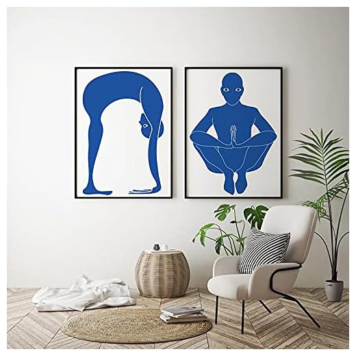 Yogapose affischtryck Blå kroppsväggkonst Abstrakt yogaövning Canvasmålning Väggbilder för vardagsrum Hem gym dekoration 50x70cmx2 Ingen ram