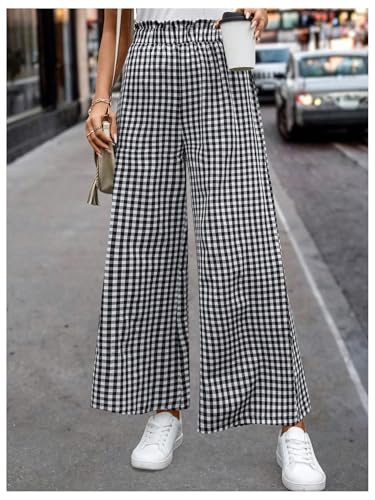 MakeMeChic Women's Gingham Palazzo Long Pants Elastic Waist Wide Leg Frill Trim Straight Loose Trousers4
