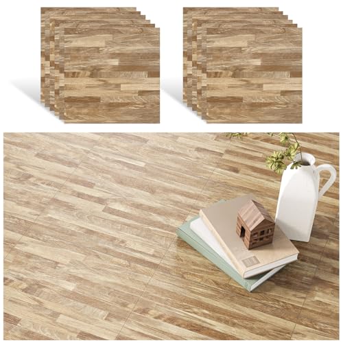VEELIKE Revestimiento de suelo de PVC con aspecto de madera, color marrón claro, 12 unidades, azulejos de madera, autoadhesivos, aspecto de madera, paneles de vinilo, para garaje, dormitorio, baño