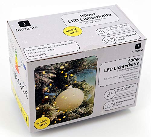 Jamasia 999103 Led-lichtsnoer met 200 ledlampjes, warmwit, met transformator en 8 uur timerfunctie, voor binnen en buiten, groene kabel lengte 27,90 m, toevoer 8 m, LED-afstand 10 cm, GS-getest - Image 3
