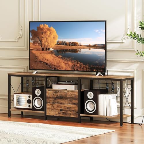 Image of TV Stand with Power Outlet Up to 70 Inch, Entertainment Center with 2 Fabric Drawers, TV Console Table with Open Storage Shelves for TVs, Cable Management, for Living Room, Bedroom, DS16UBRY1
