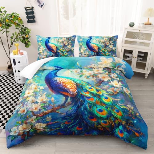 Image of AILONEN Vintage Flora Blue Peacock Comforter Set Twin Size,Garden Birds Bedding Sets for Girls Women Bedroom Decor,3-Piece, 1 Quilt and 2 Pillowcases