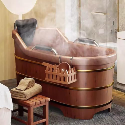 TT-YEC Verdickte Massive Holzbadewanne, Freistehende Bad Freistehende Nicht-Rutschbadewanne, Badewanne Mit Innerer Bank, Außenbank, Abflussventil, Oriental Classic Badewanne,L150cm – Bild 6