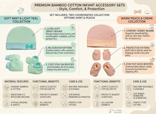 Image of VIN Newborn Baby Boy - Girl Cotton Mittens Floral Bow Design Caps Gloves Booty Combo Pack of 2 Pair for 0 to 6 Months |Parent Infant Apron Gift Set
