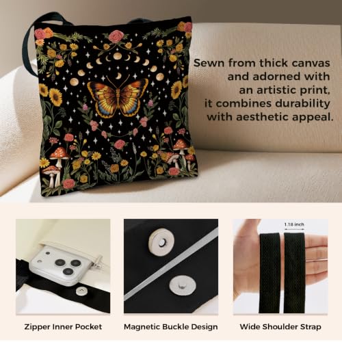 Sukyerios Butterfly Moon Floral Canvas Book Tote Bag with Zipper for Women by Sukyerios - Used condition - Image 4