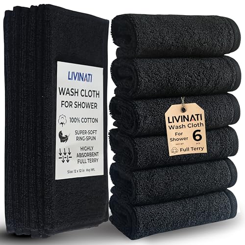 LIVINATI Thick Black 100% Cotton Wash Cloths for Showering Body and Face - 12X12 6 Pack Washcloths - Small Terry Towel Bath Rags for Adults and Kids Bathroom - Soft Absorbent